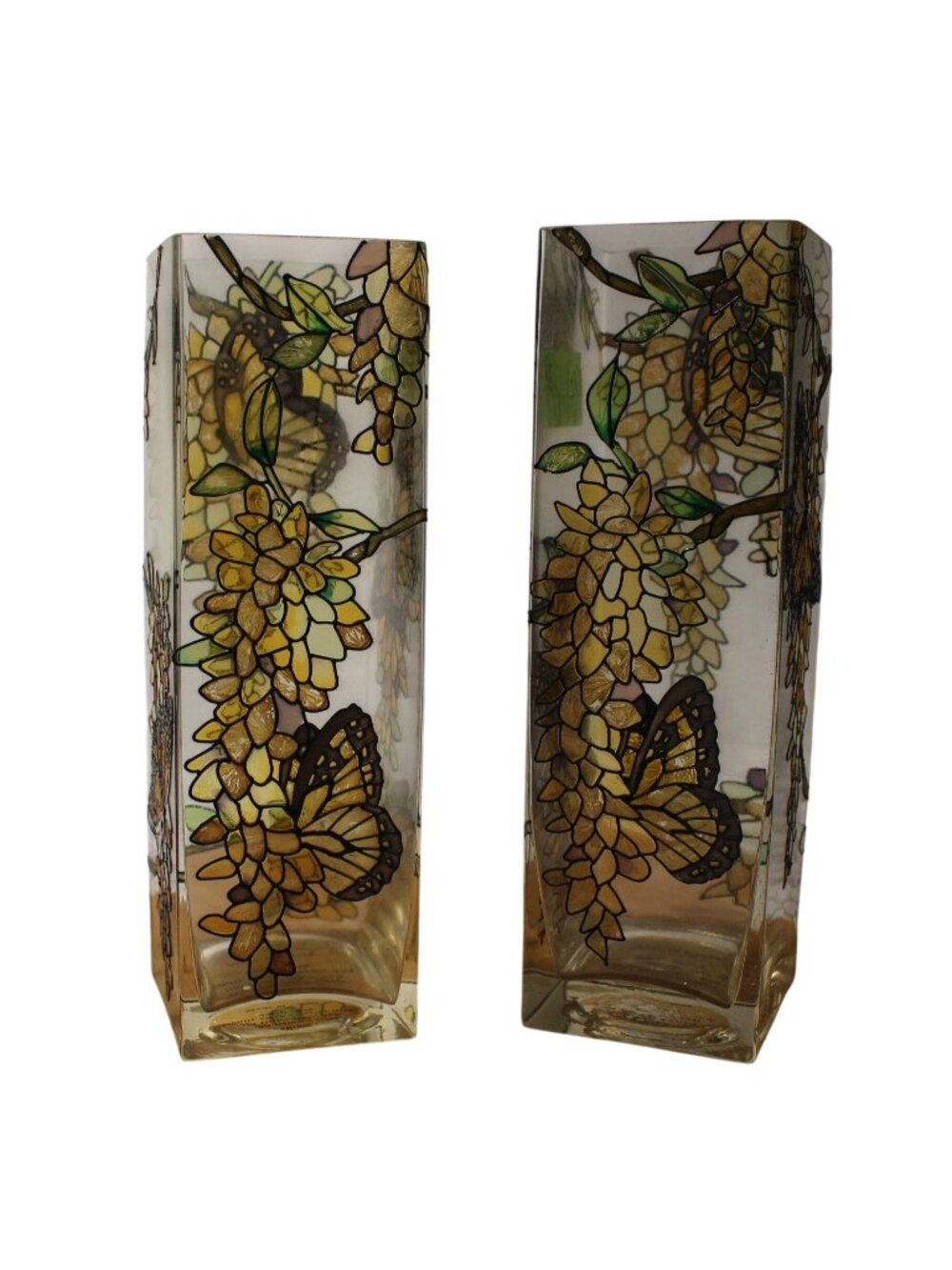 Joan Baker Designs Butterfly Yellow Wisteria Stained Glass Vases Pair Vintage